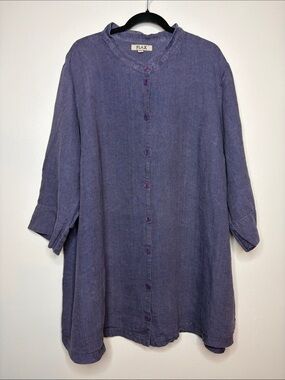 FLAX Purple 100% Linen Button Up Tunic Blouse Shirt Plus Size 2G